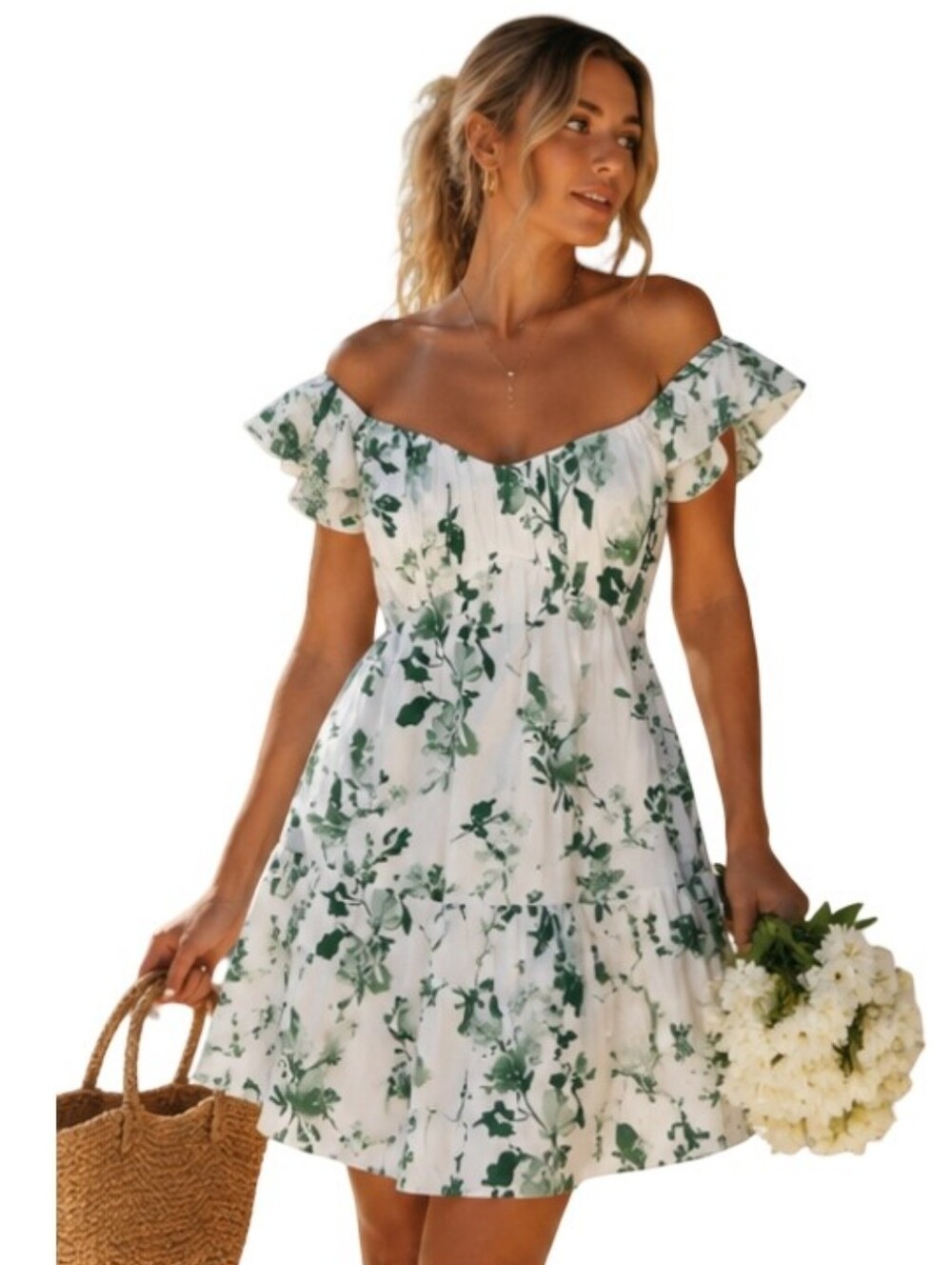 NWT Abercrombie & Fitch Green Floral Ruffle Milkmaid Mini Dress Medium Tall